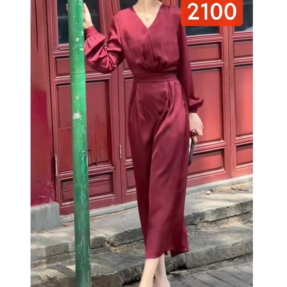 2100-32新款女士V领长袖连衣裙