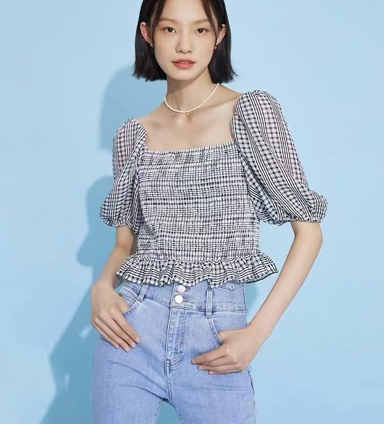 NN064-时尚女装设计感衬衣法式一字肩短款方领