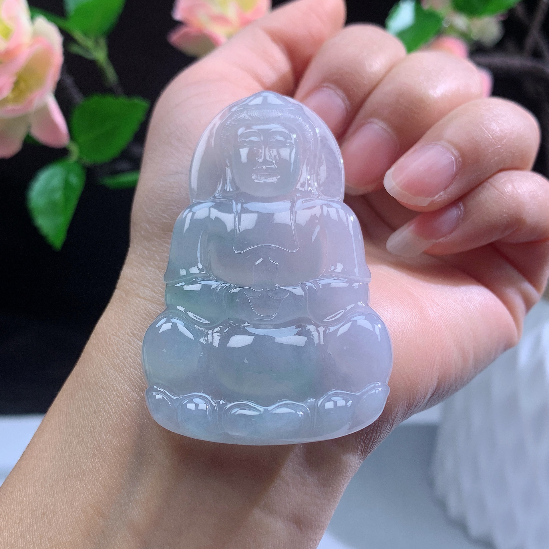 尺寸：62.8*40.3*5.8  缅甸天然翡翠A货紫底飘绿冰胶大件正装观音