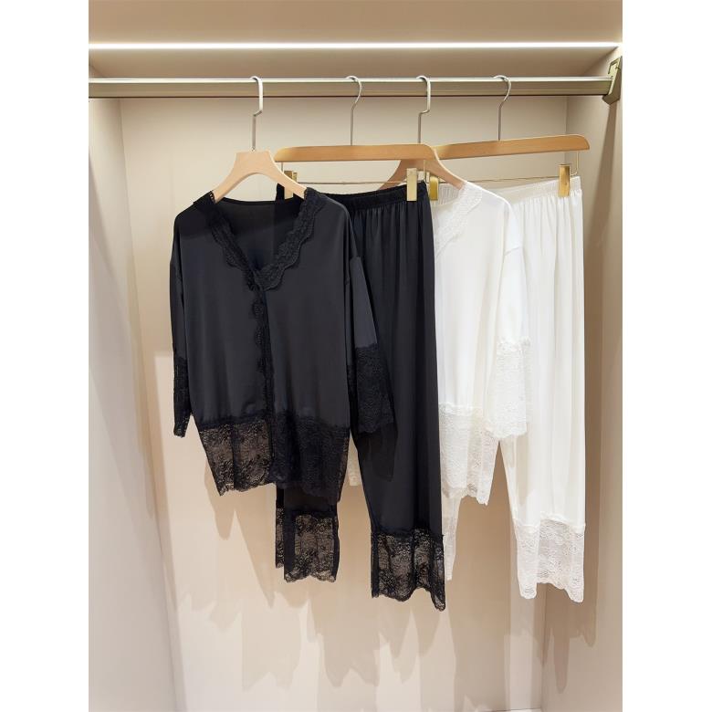 凉感蕾丝花边家居服套装 七分袖睡衣直筒睡裤