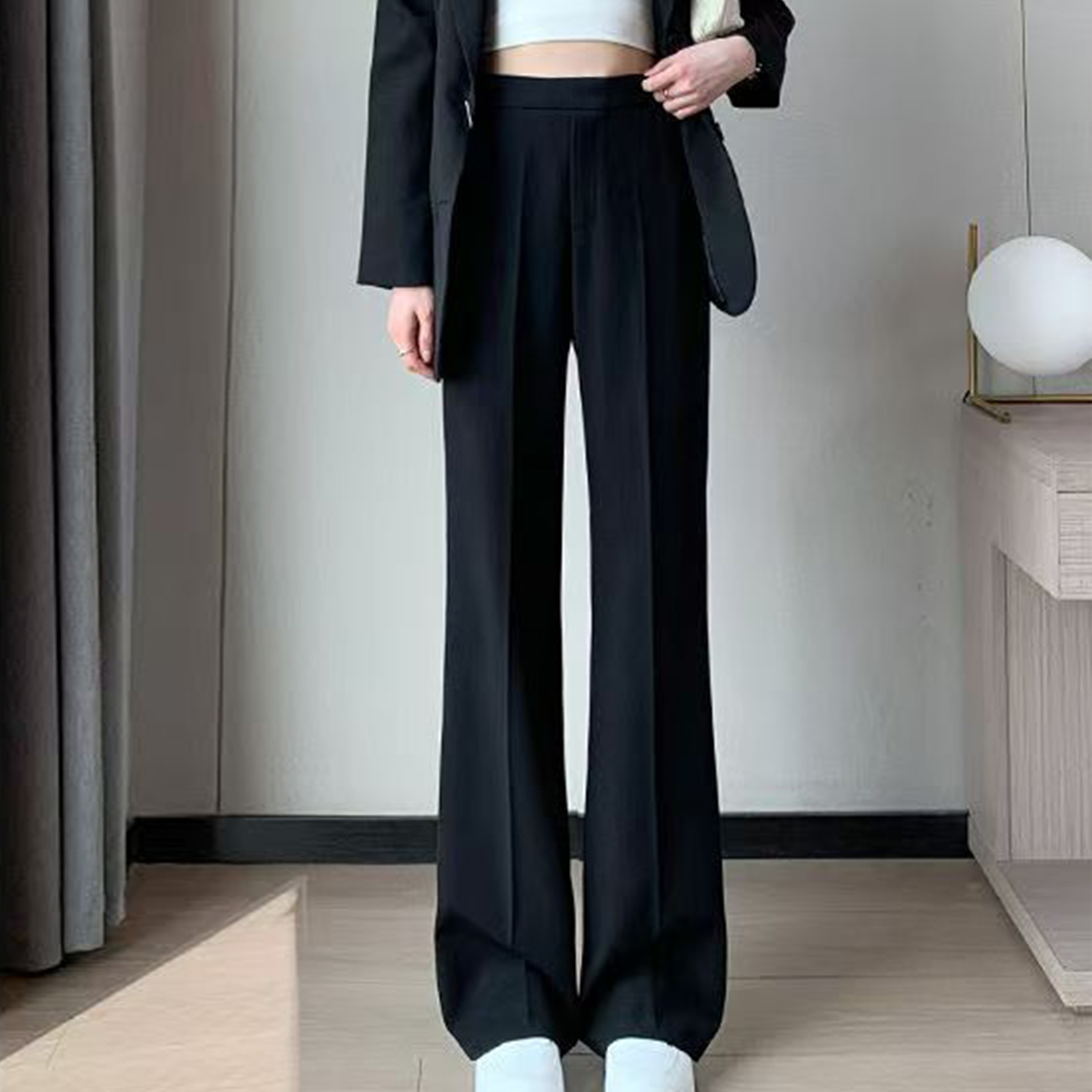 纯色垂顺凉感直筒感春秋夏女士设计感宽松百搭休闲裤松紧腰1F659