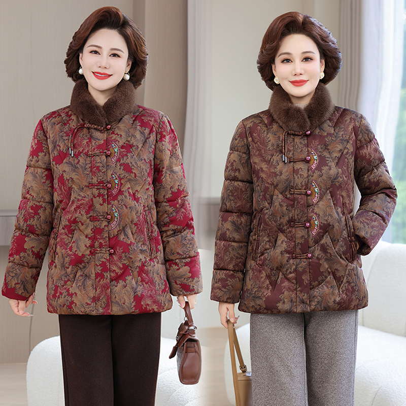 中老年女装冬季洋气棉服加绒加厚妈妈装气质国风老年人保暖棉袄