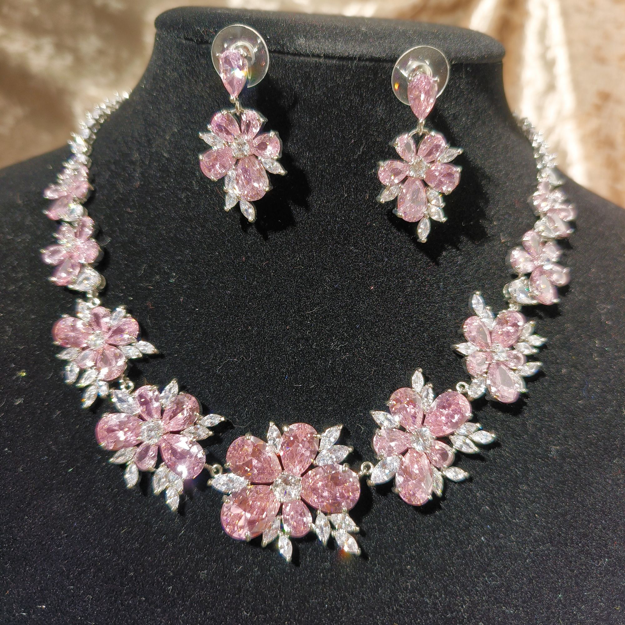 铜合金合成锆石项链 公主粉爆闪冰花手捧花项链耳钉