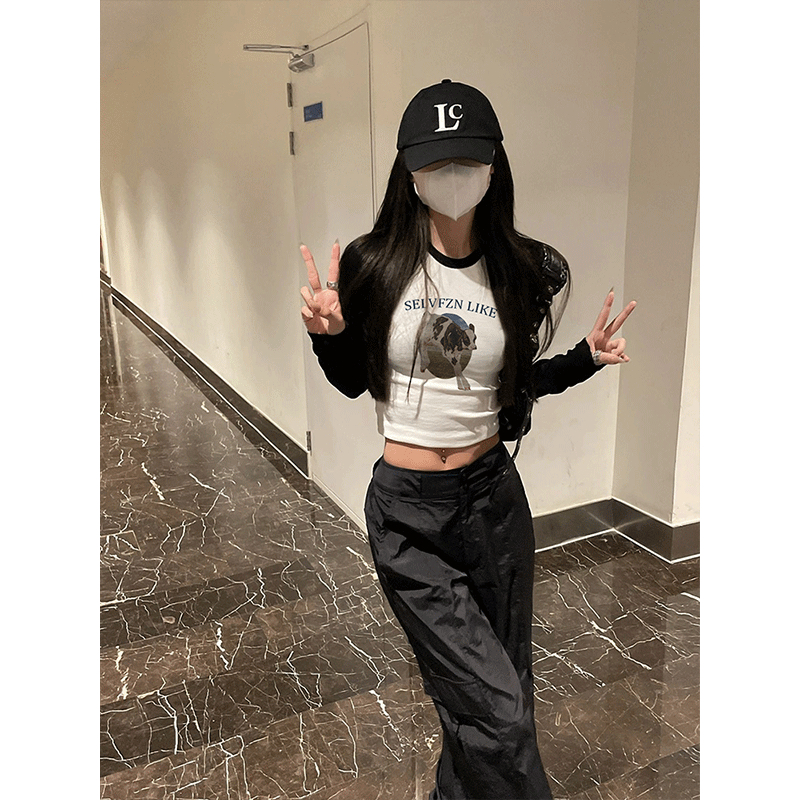 橙 撞色圆领打底衫女春秋季侧边褶皱收腰修身T恤方领内搭短款上衣