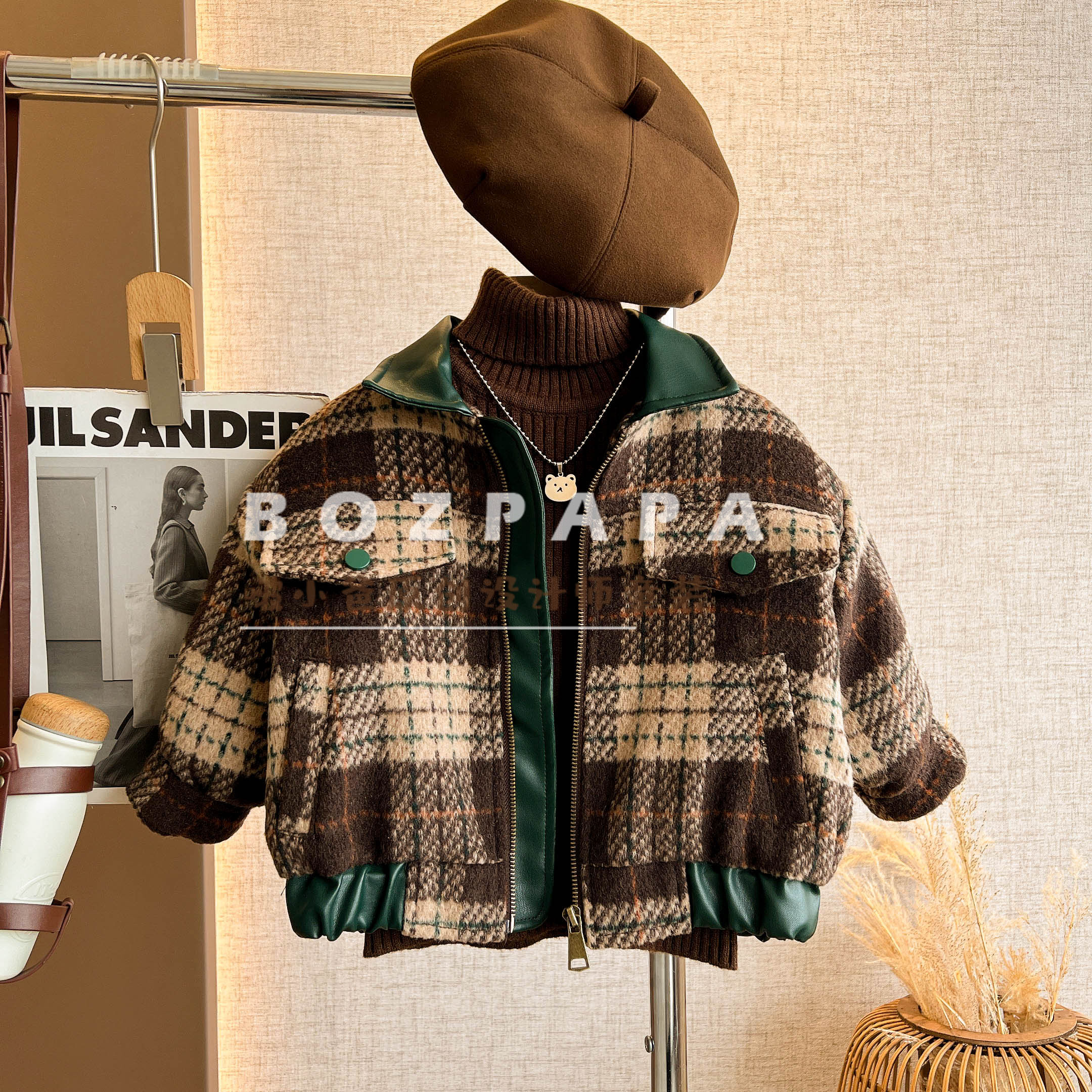 【西野画廊】拼接加绒外套2025冬季新款男宝格子气质休闲外套