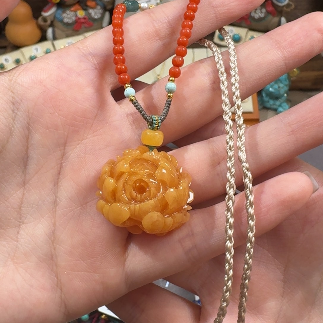 蜜蜡项链银S925镶嵌牡丹