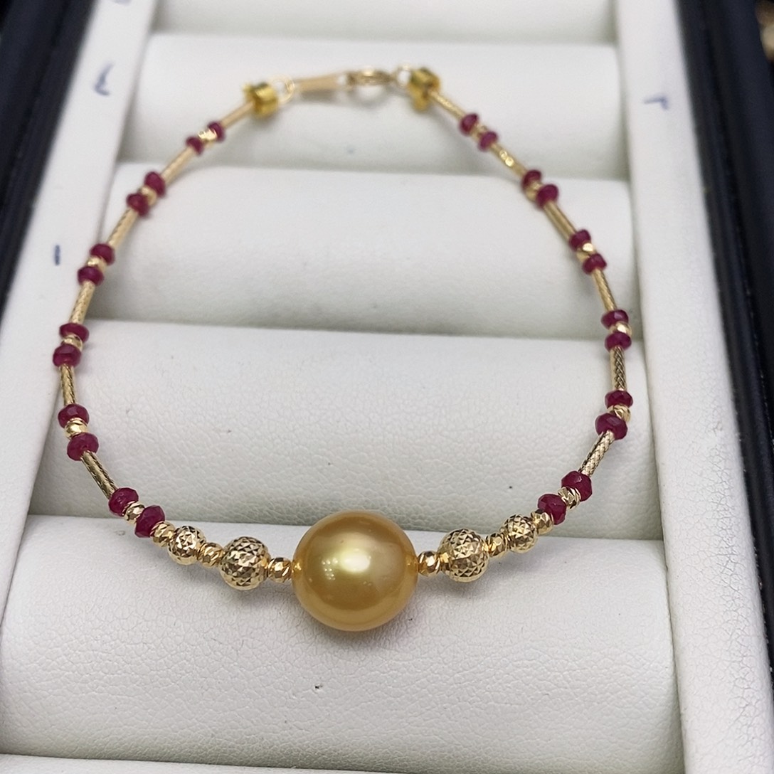 海水珍珠手镯18K金镶嵌金珠红 宝石手链