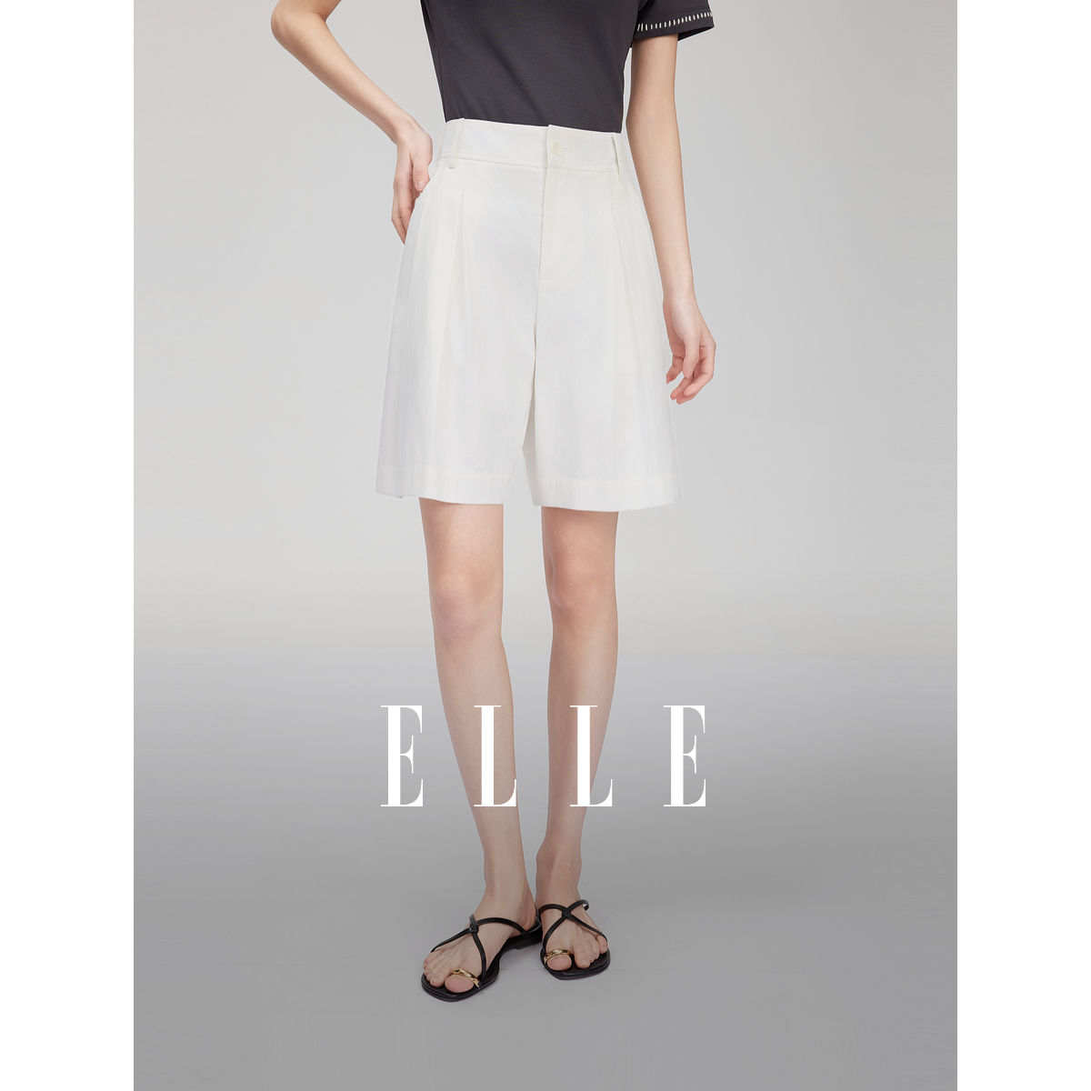 ELLE法式通勤莱赛尔天丝短裤女2025夏季新款时髦简约休闲EK51171