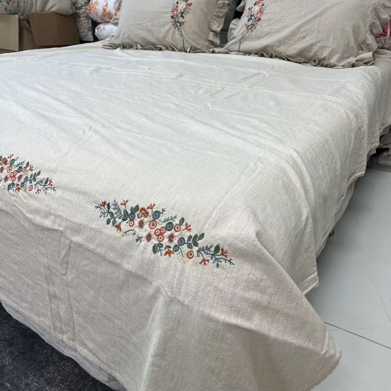 【红花花团】100%汉麻刺绣红色印花床单 吸湿透气 