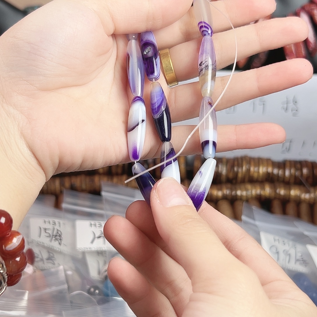 玛瑙/玉髓合金珠宝半成品h325 紫玛瑙蚕丝天珠一条