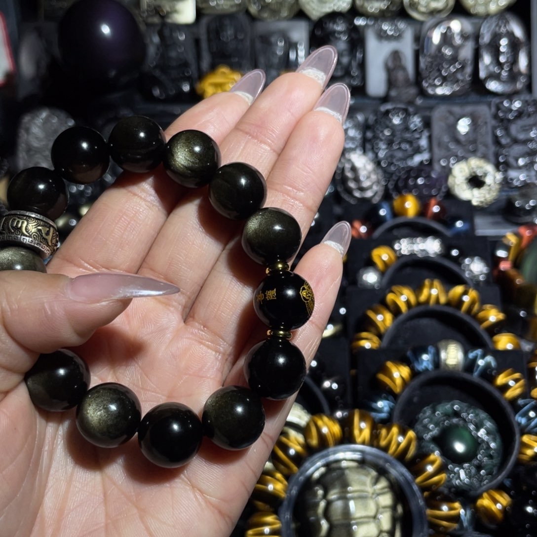 庄***医黑曜岩未镶嵌手串16mm马