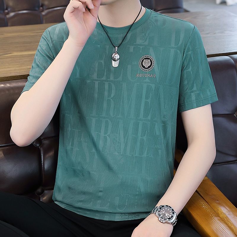2025年夏季新款圆领冰丝短袖提花祥云龙型男士休闲速干半袖镂空潮