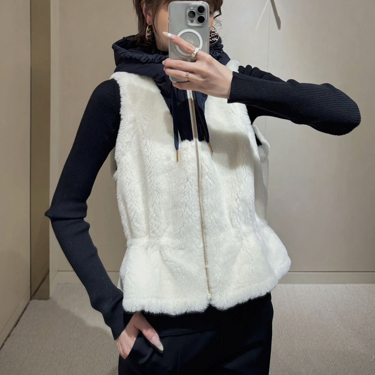 「长芯」高定25秋冬高级时尚提花拼接保暖抽绳马甲外套YZ25W11065