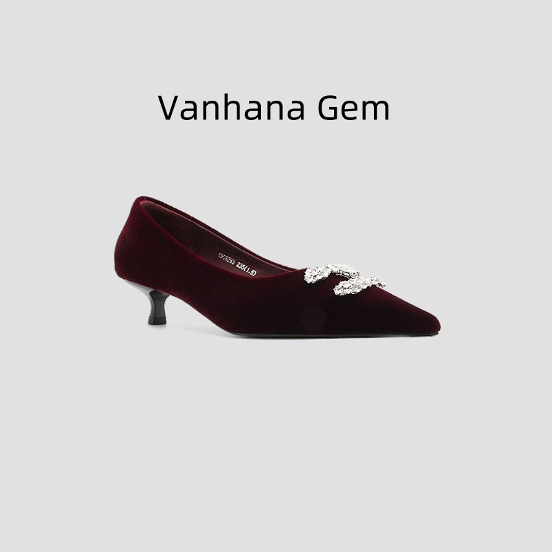 VANHANA GEM水钻黑色高跟鞋女细跟丝绒2025春秋季新款尖头单鞋
