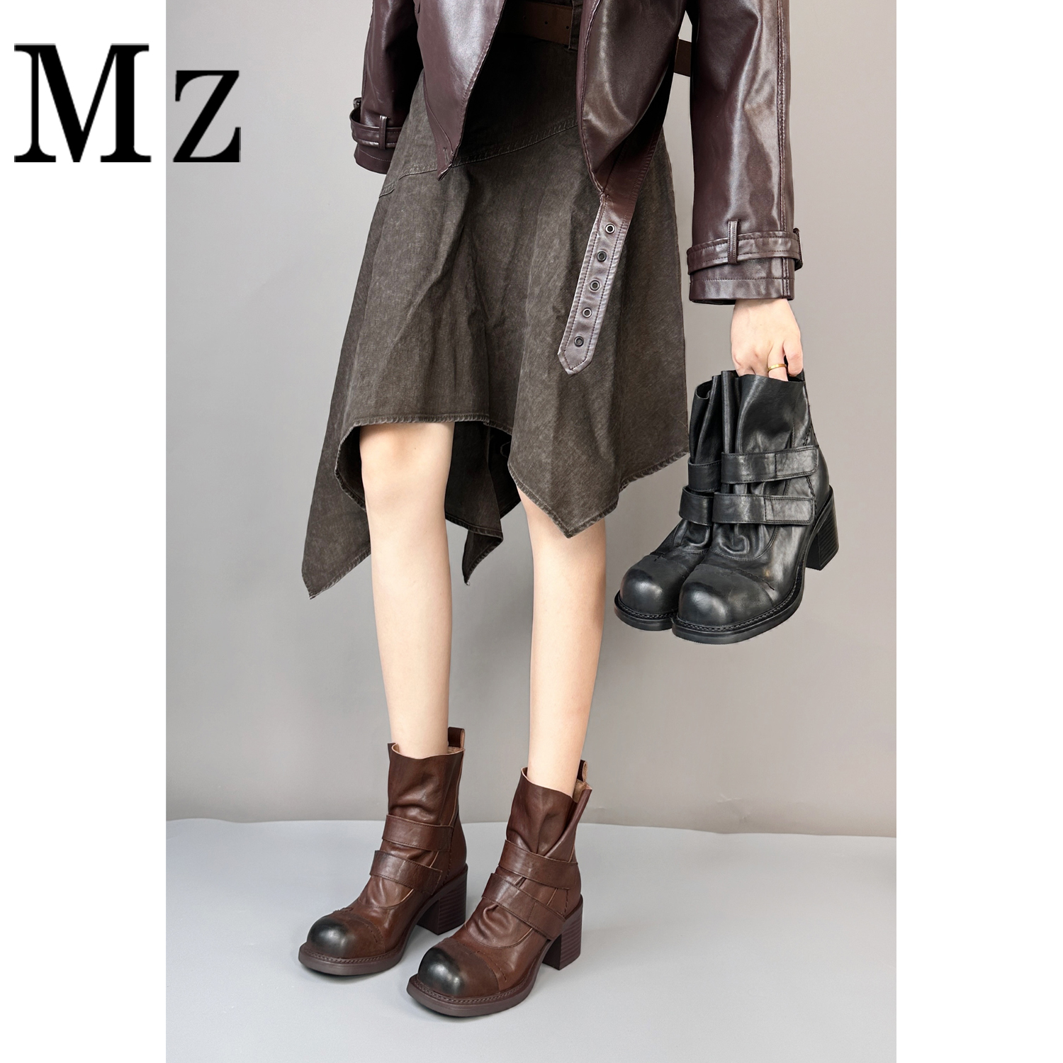 Mr.Zheng/6cm/复古百搭真皮短靴女擦色粗跟高跟靴子圆头个性女靴