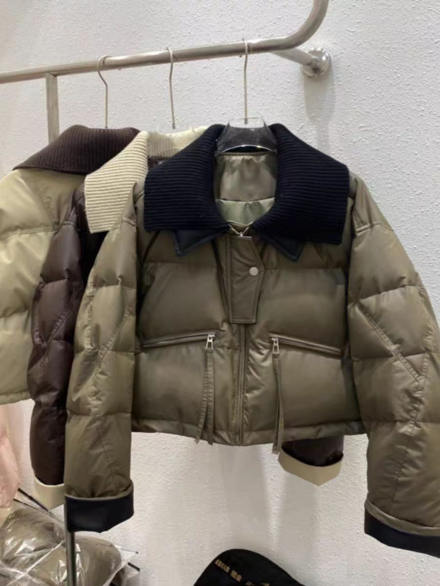 1206针织翻领短款羽绒新款冬季拼接 衣长55