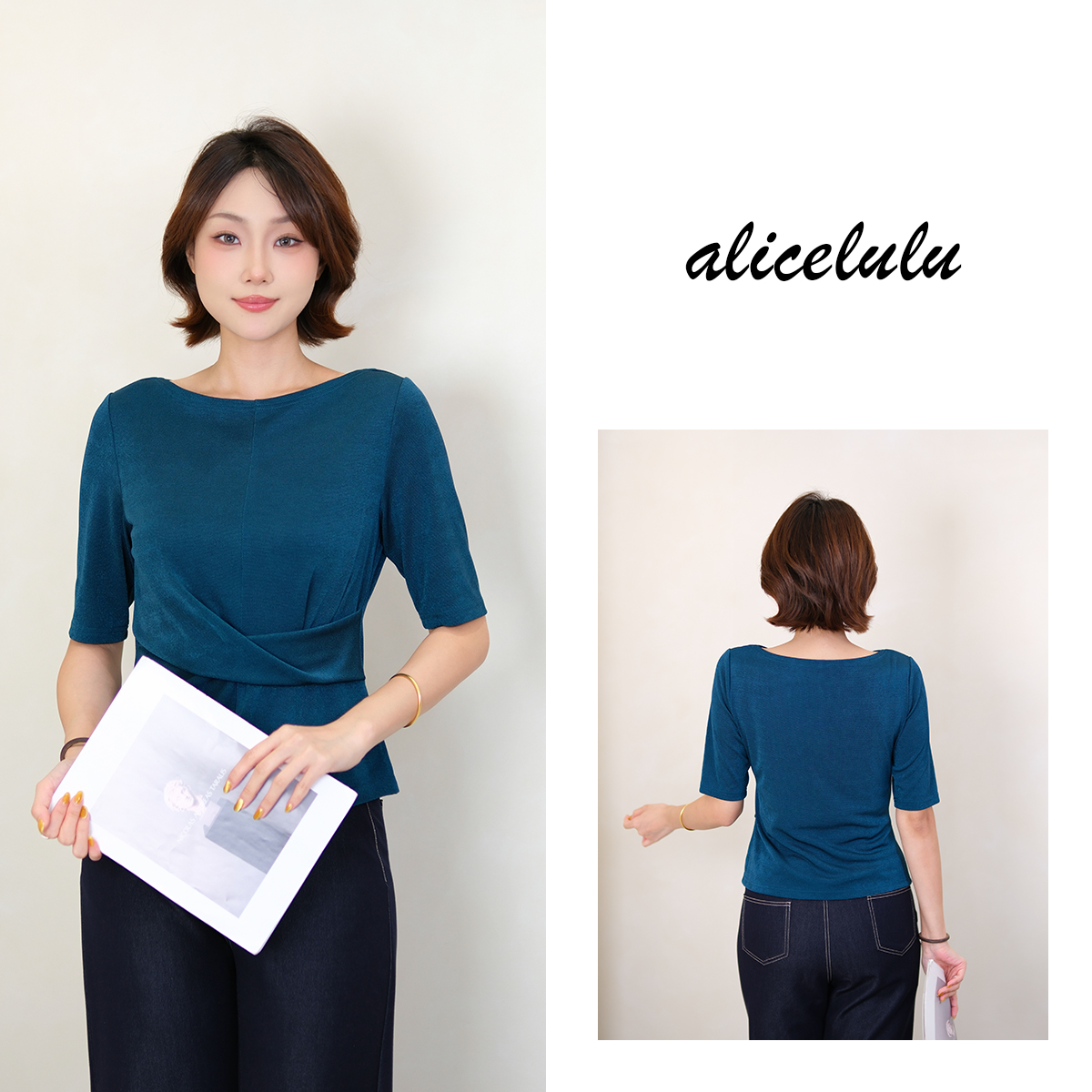 1alicelulu设计感百搭圆领中袖收腰显瘦衬衫上衣S2144089L