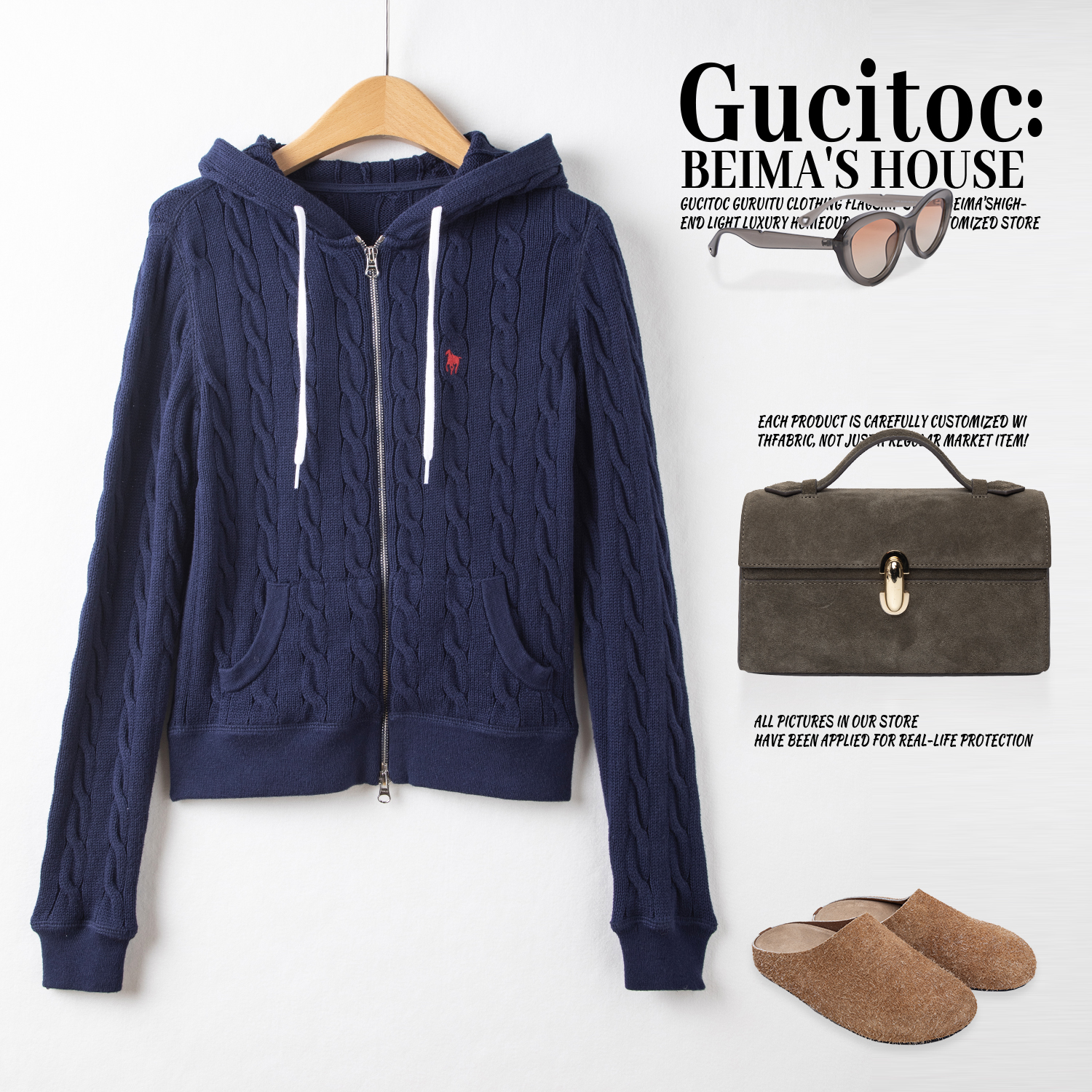 美式复古！小马标刺绣拉链连帽针织开衫女25秋季新款百搭毛衣外套