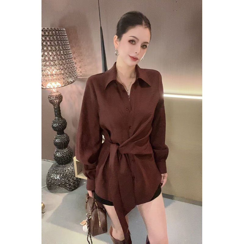 翻领设计感系带长袖衬衫CS31093