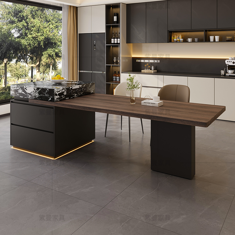 岛帽全岩板电动伸缩岛台餐桌一体木纹岩板餐桌意式极简多功能岛台