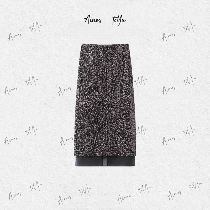 【艾家商场同款】2025冬季新品高腰亮片开叉半身裙长裙女4120