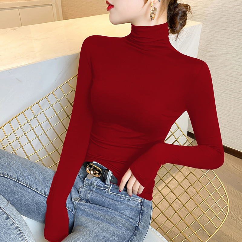 法式新年红色打底衫女秋冬配大衣内搭长袖高级感修身高领针织上衣