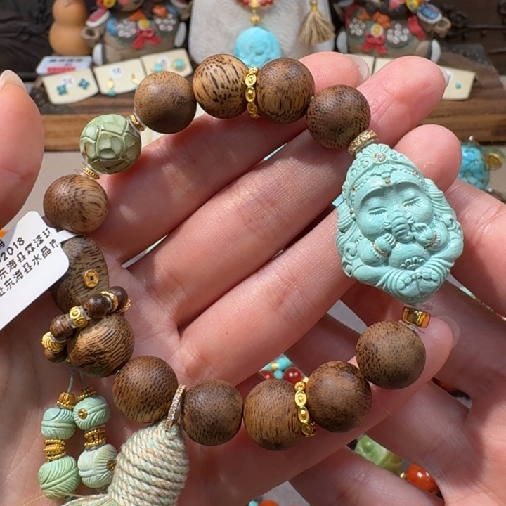 绿松石18K金镶嵌手串象神