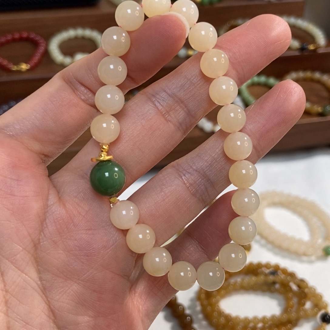 和田玉18K金镶嵌手链8mm熟藕粉