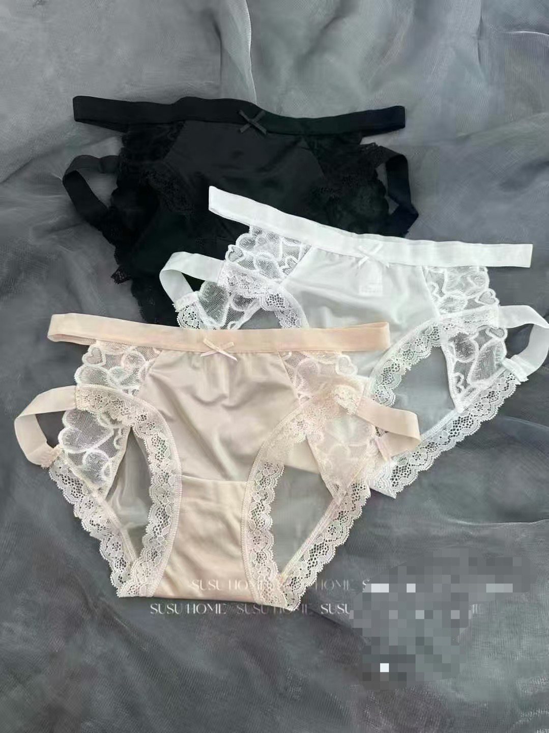 女士纯欲性感交叉低腰缎面蕾丝花边网纱三角内裤