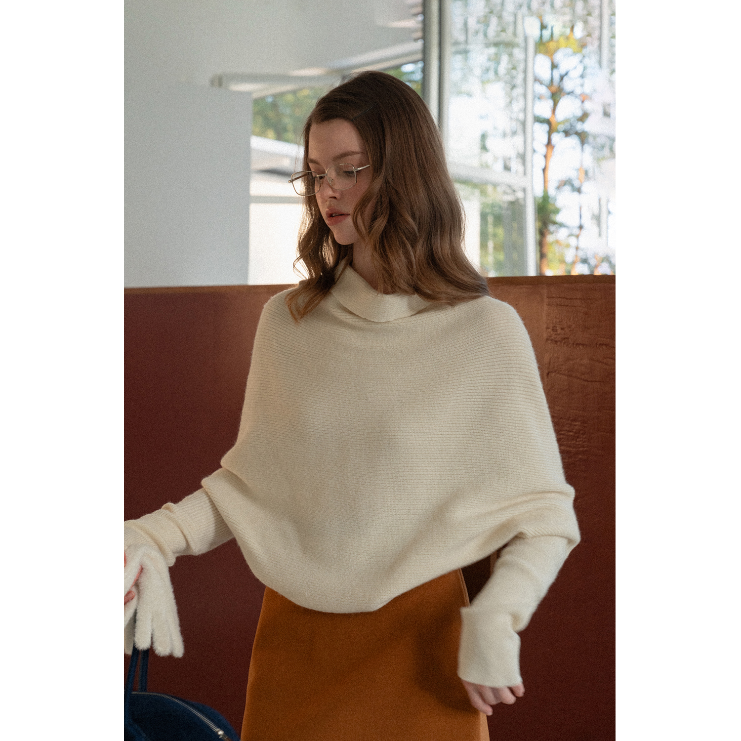 EGGKA 高领慵懒蝙蝠袖堆叠感毛针织衫宽松简约上衣E25A80683YM