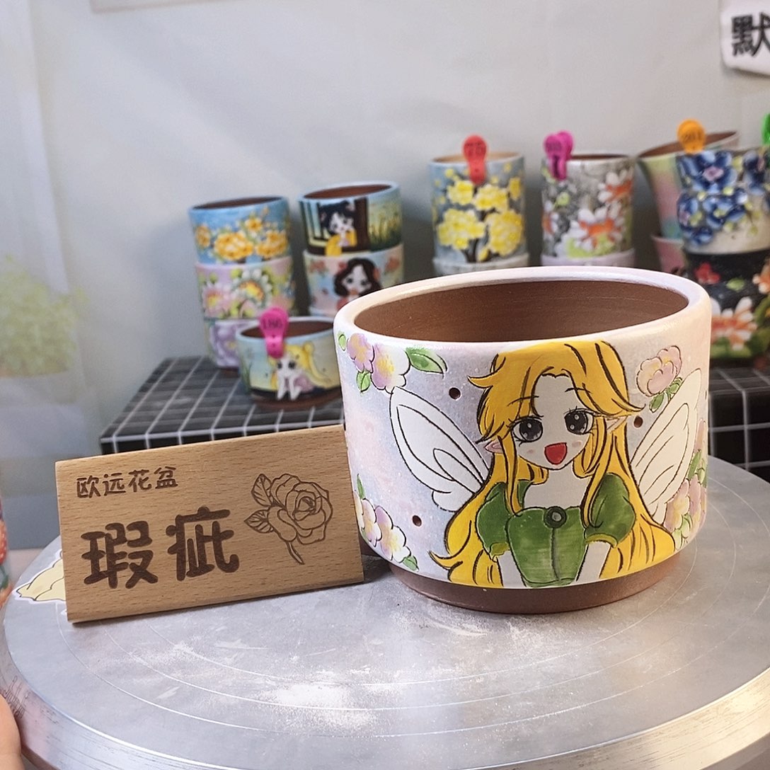紫砂花盆红陶手绘花盆