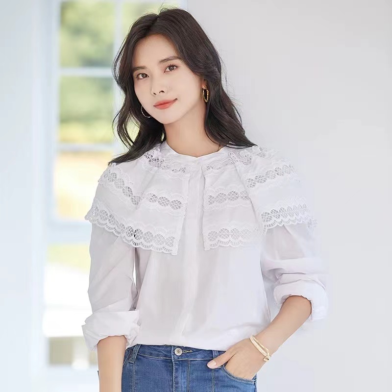 法式刺绣镂空蕾丝娃娃领气质甜美上衣衬衫女-18