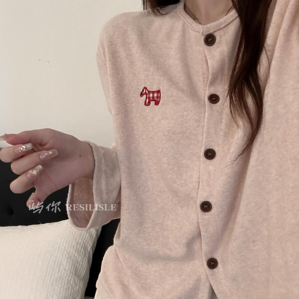 【绣花小狗】(70-150)冬季德绒长袖睡衣女甜美卡通开衫绒家居服套装