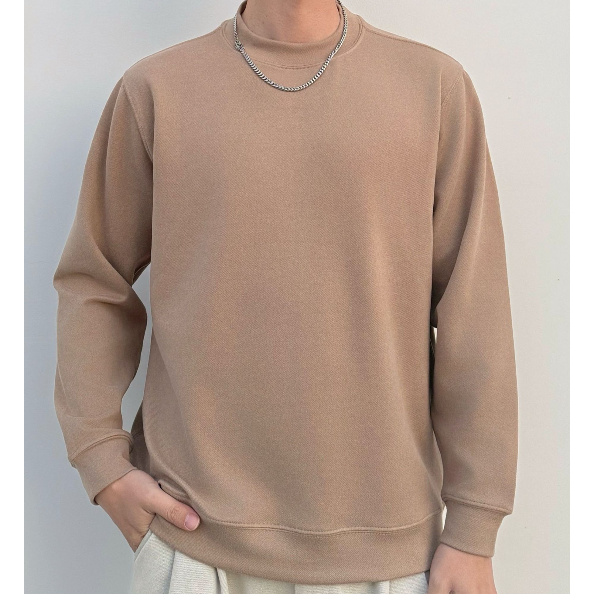 斜纹宽松纯色小立领打底衫男女秋冬内搭套头长袖t恤