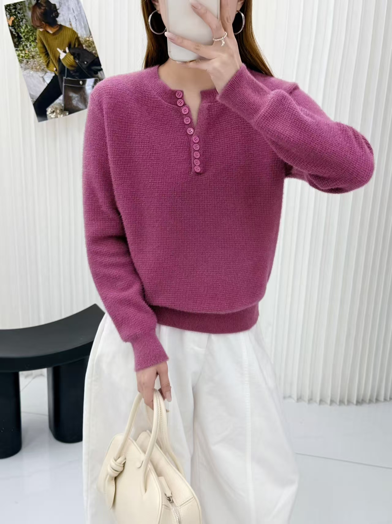 百花果冬季新款长袖女士加厚毛衣针织衫上衣宽松百搭气质时尚