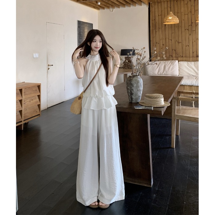 韩系设计感荷叶边甜辣挂脖上衣褶皱阔腿长裤女2025夏季新款套装潮