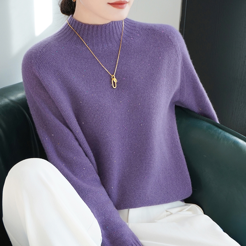 秋冬时尚半高领珠片100%全羊毛女减龄百搭半高领内搭针织打底衫女