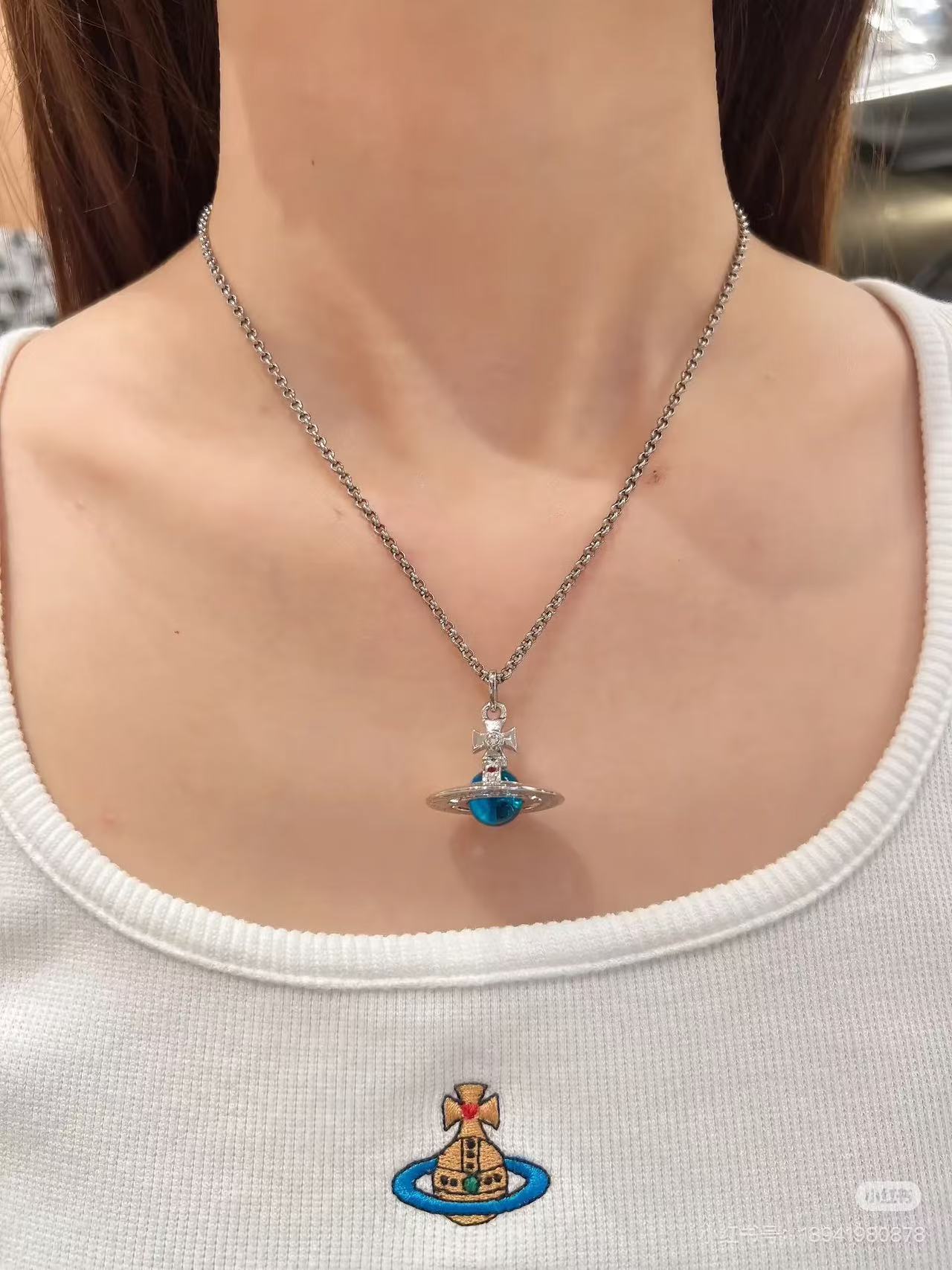 合金项链 经典蓝中号项链45cm 耳钉时尚小众可爱