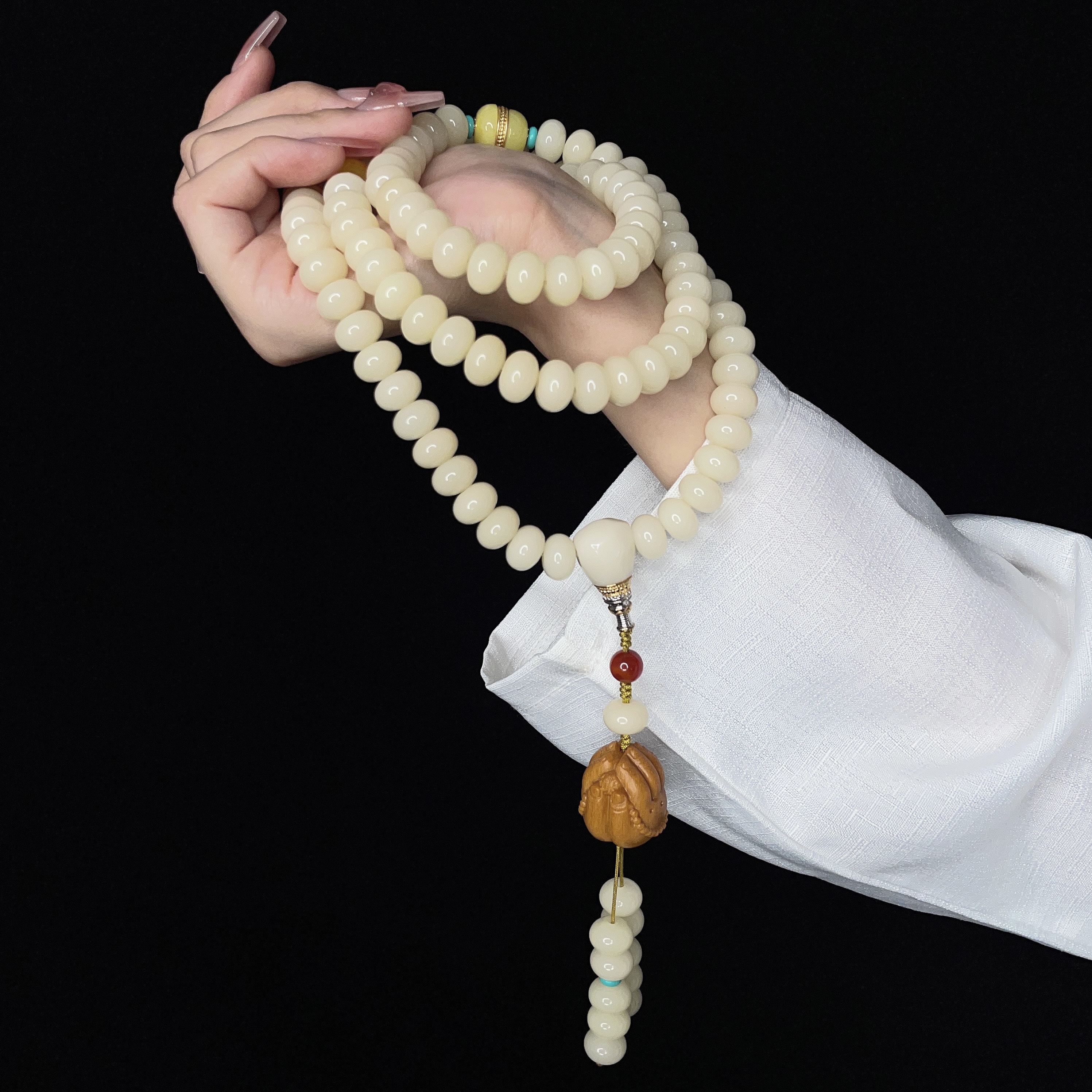 原创手作玲珑佛手奶油菩提10mm算盘珠菩提手串佛手款奶白色