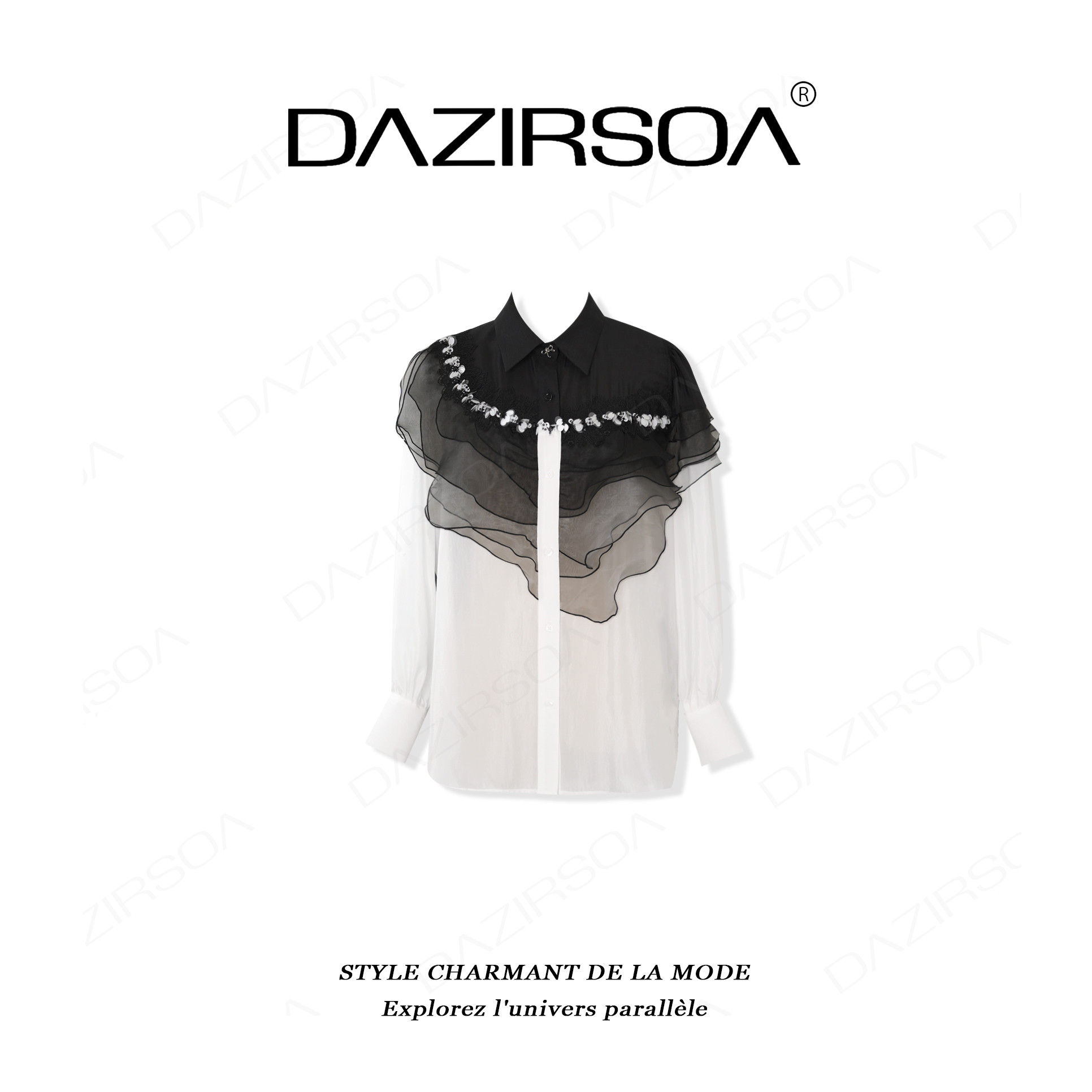 DAZIRSOA/达姿“张弛有度”时尚百搭拼接蕾丝渐变花边个性衬衫 Y390