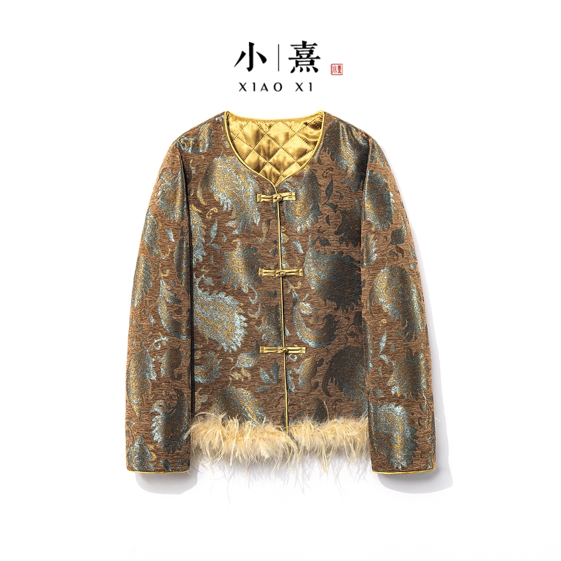 【柠月】2025新款加棉加厚上衣新中式女式圆领宽松提花秋冬毛毛外套