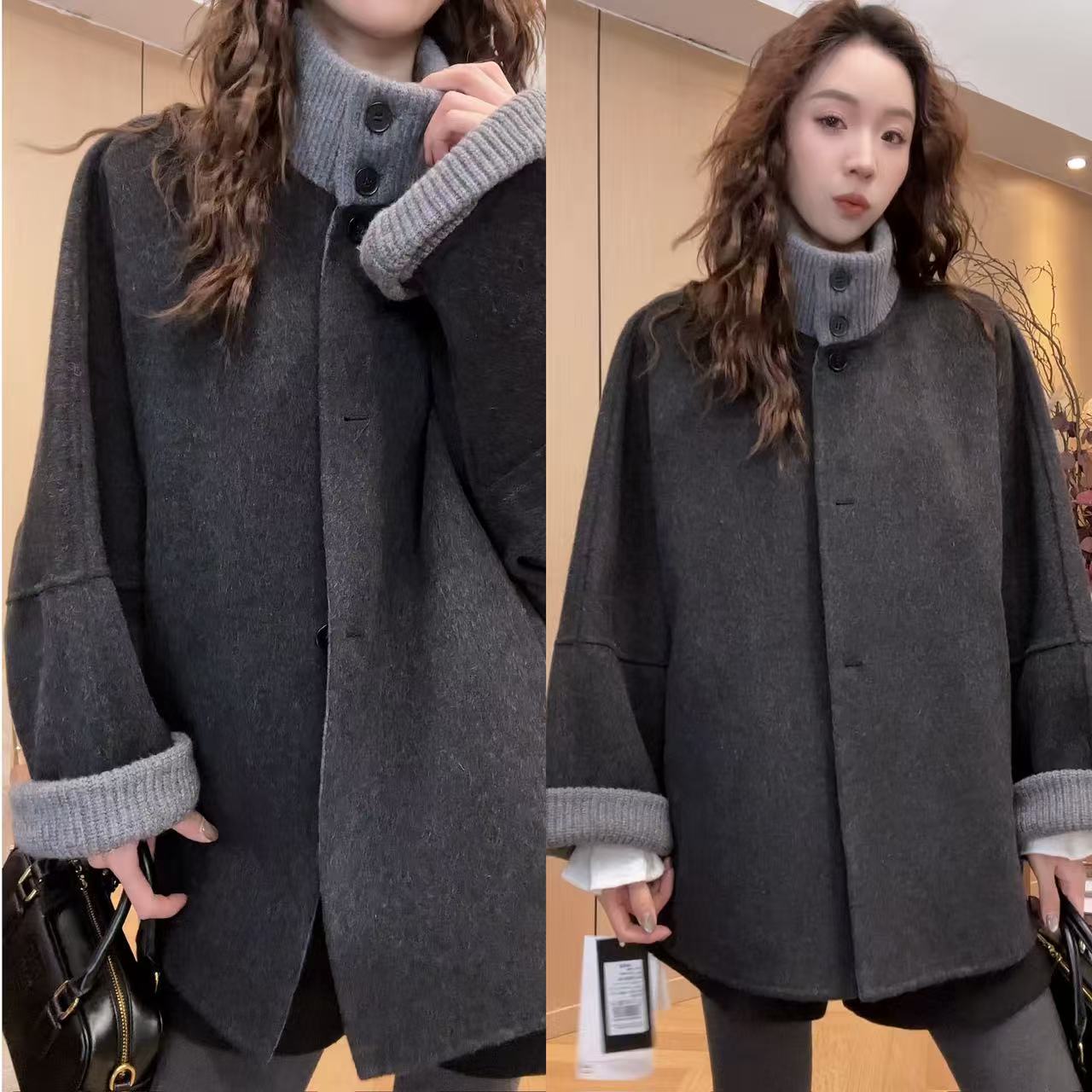 小静静一会【拼针织羊毛大衣】2025冬季新款百搭宽松外套 2511C7987