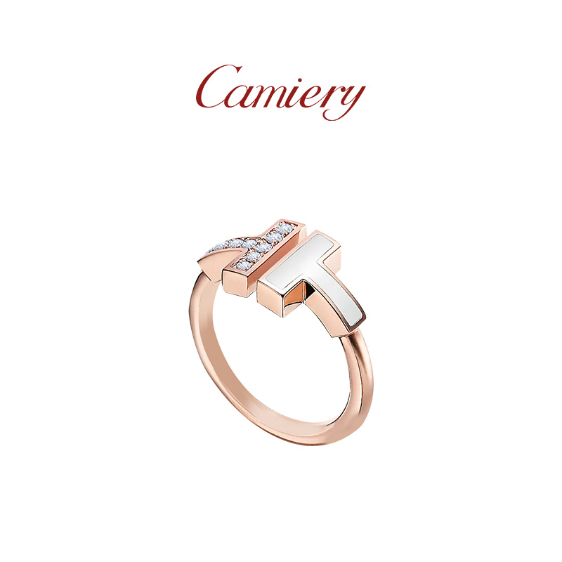 CAMIERY/卡美瑞时尚轻奢高级双T戒指带钻玫瑰金