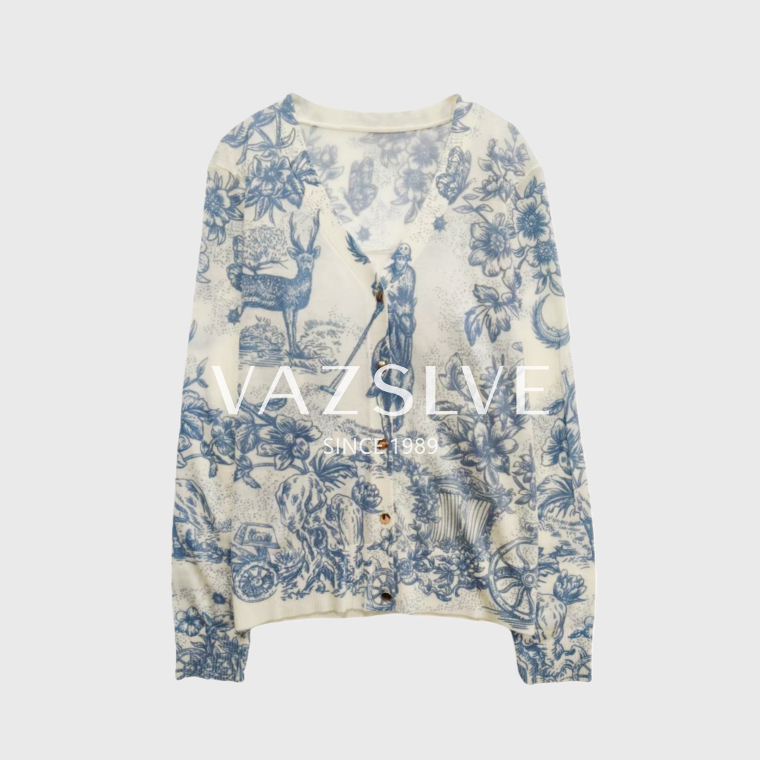 【VAZSLVE/全新奢品】捡漏 法式田园风蓝白复古印花针织衫msl209