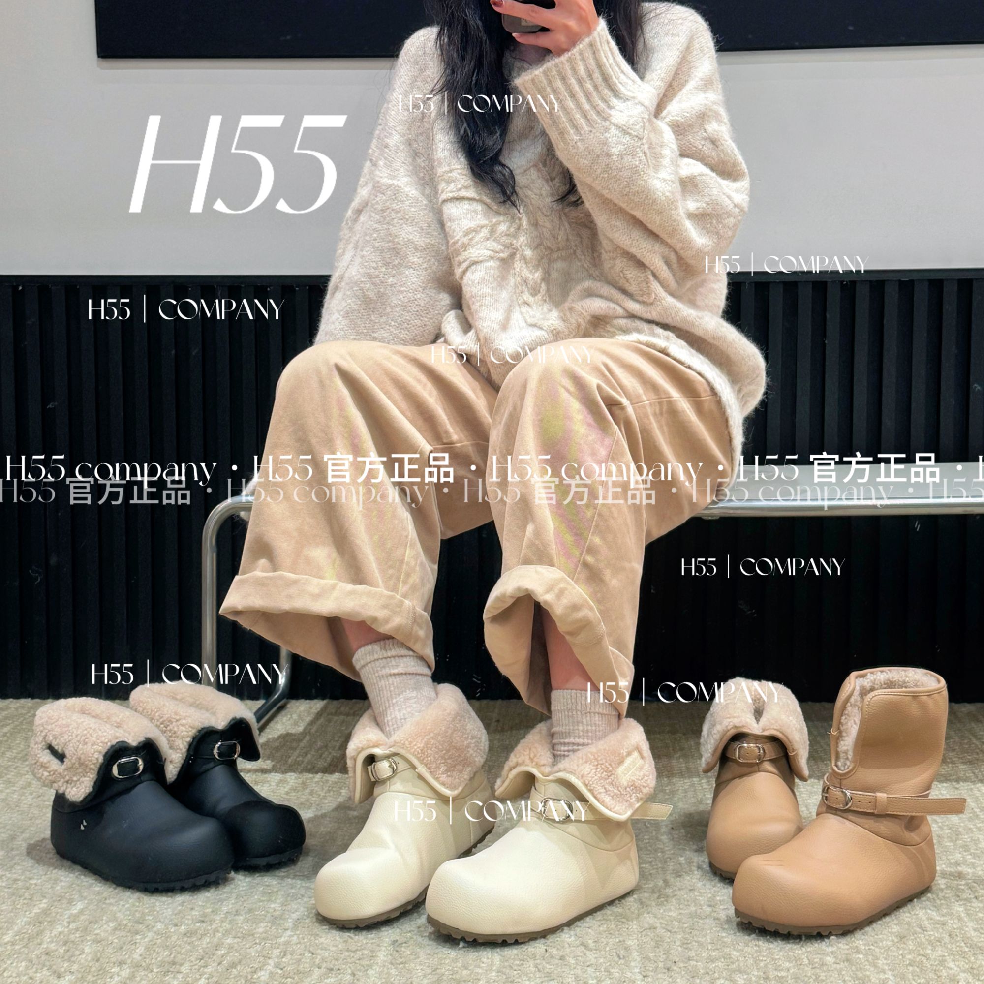 H55女鞋【700g棉里】小熊加绒防滑保暖皮面雪地靴56-2968【玲玲专属】