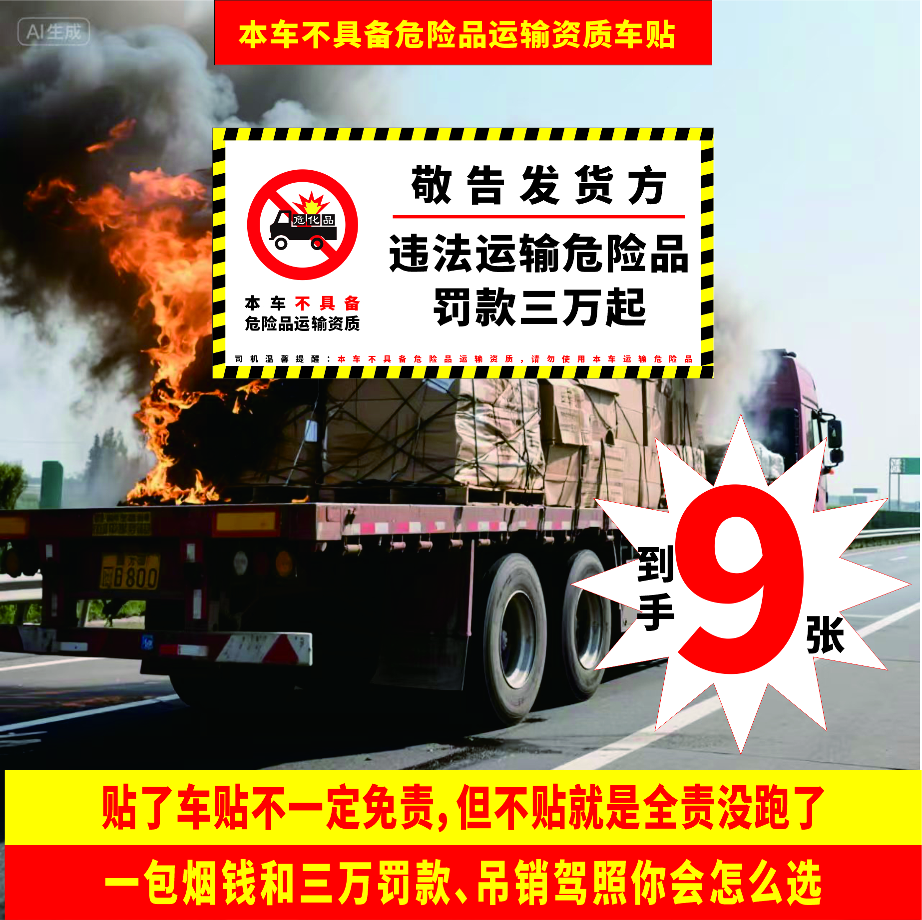 9张不拉危险品提示车贴本车不具备危险品运输资质车贴贴纸警示贴