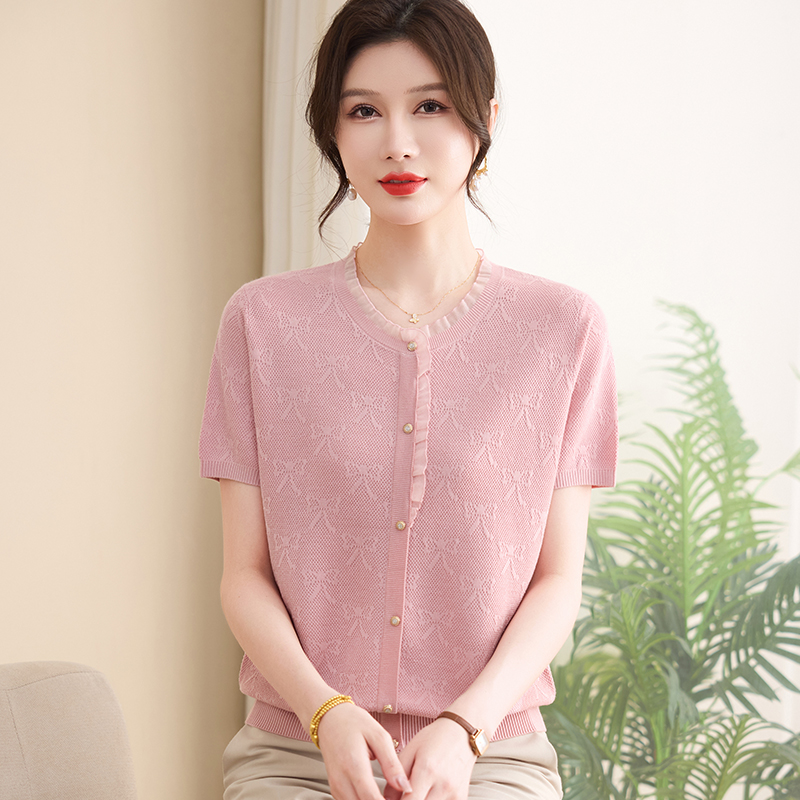 中年妈妈夏装宽松针织上衣2025新款中老年女装夏季50岁短袖T恤衫