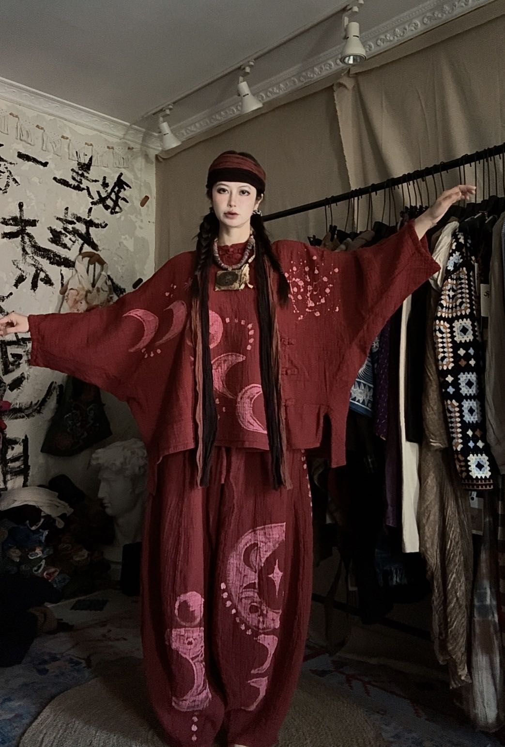 NO退NO换亚麻宽松版型造型款植物染手绘日月