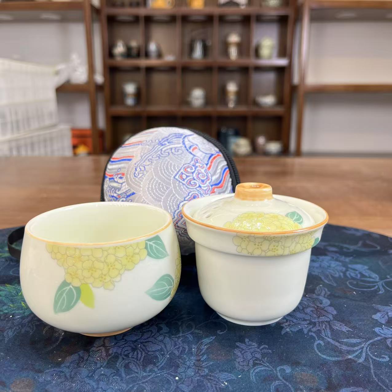 A045篱缘居旅行茶具绣球花个人泡带刺绣包