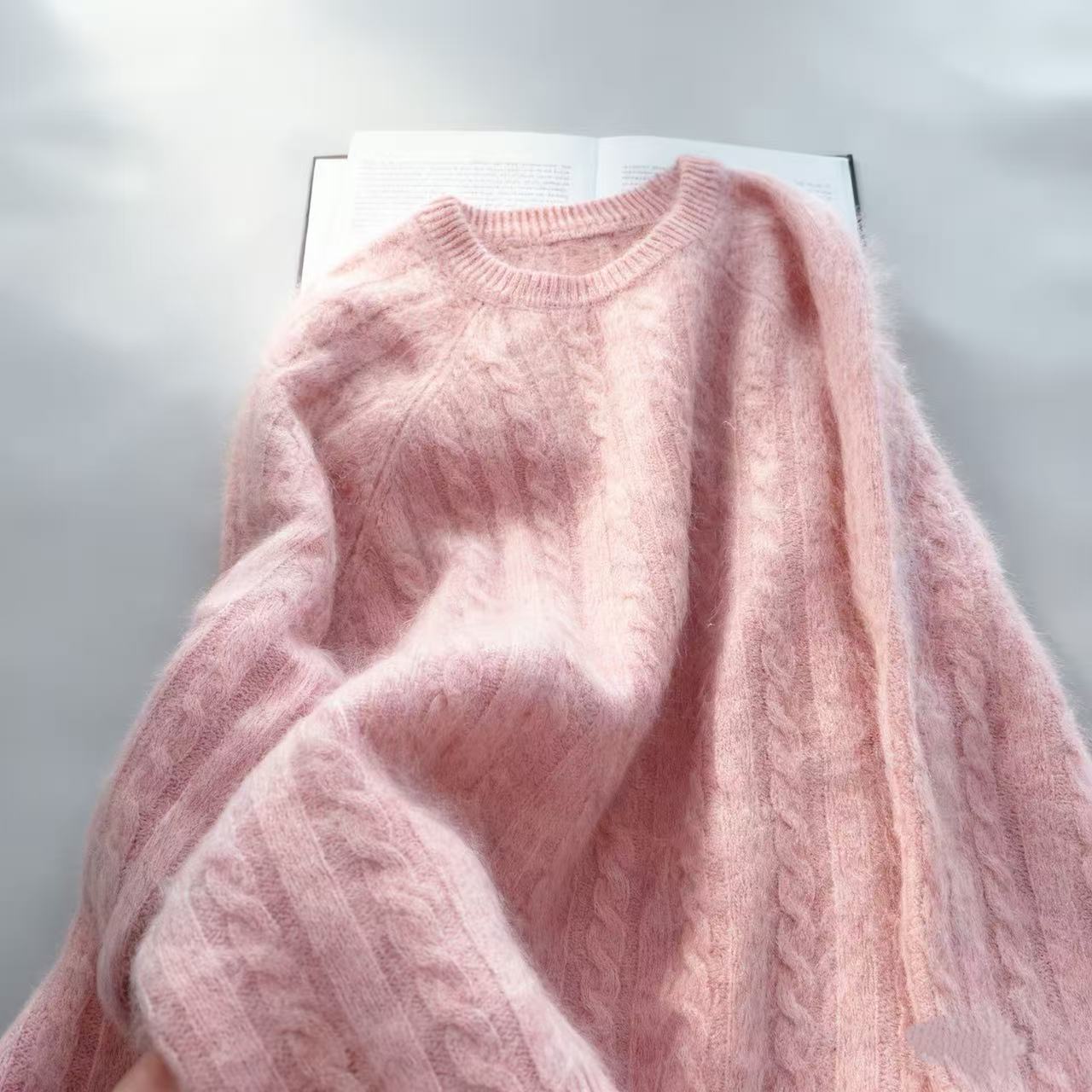 【暖云】 100%羊毛拉绒圆领麻花毛衣女高级感长袖软糯针织